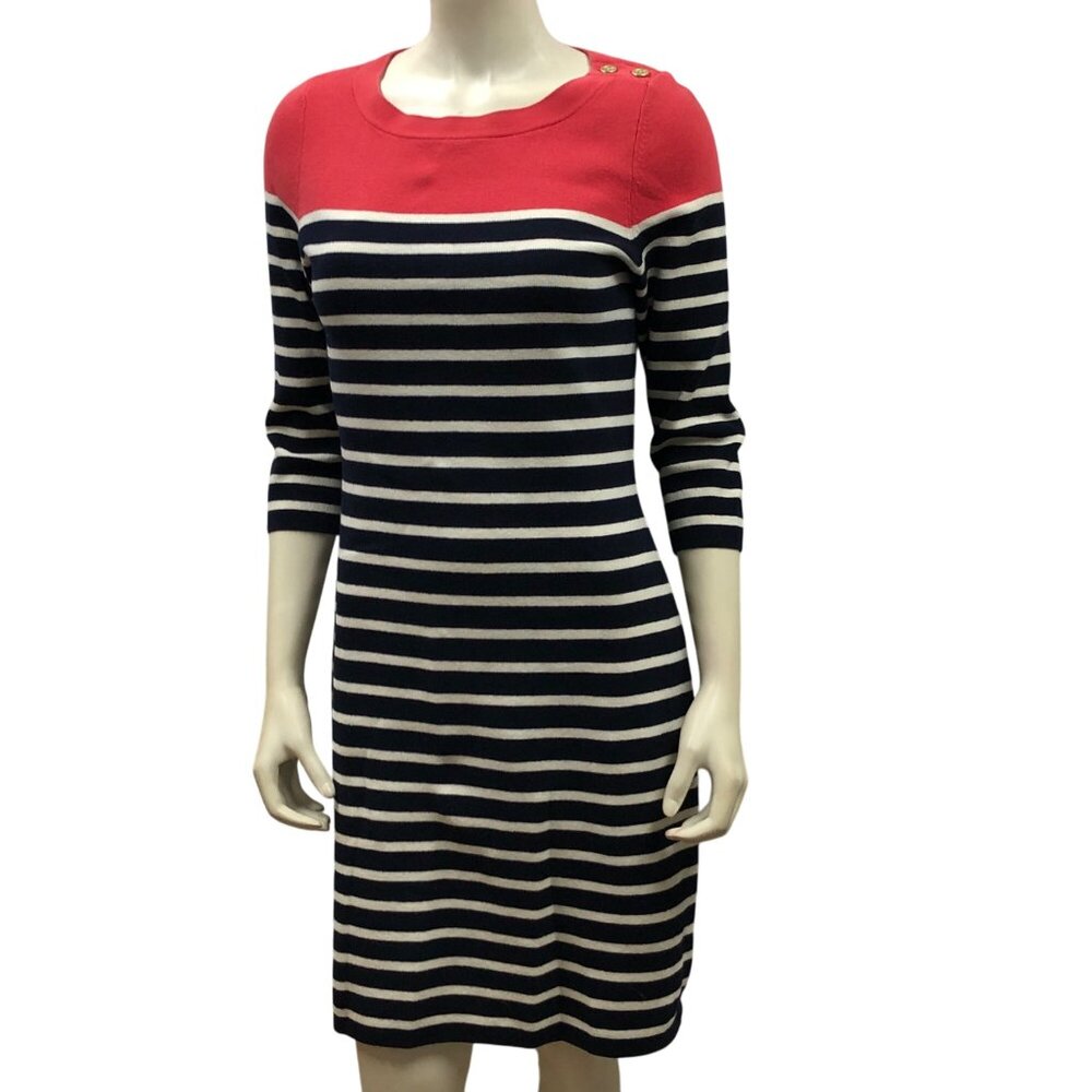 TALBOTS 3/4 SLEEVE BUTTON SHOULDER STRIPED SWEATER DRESS PET MD